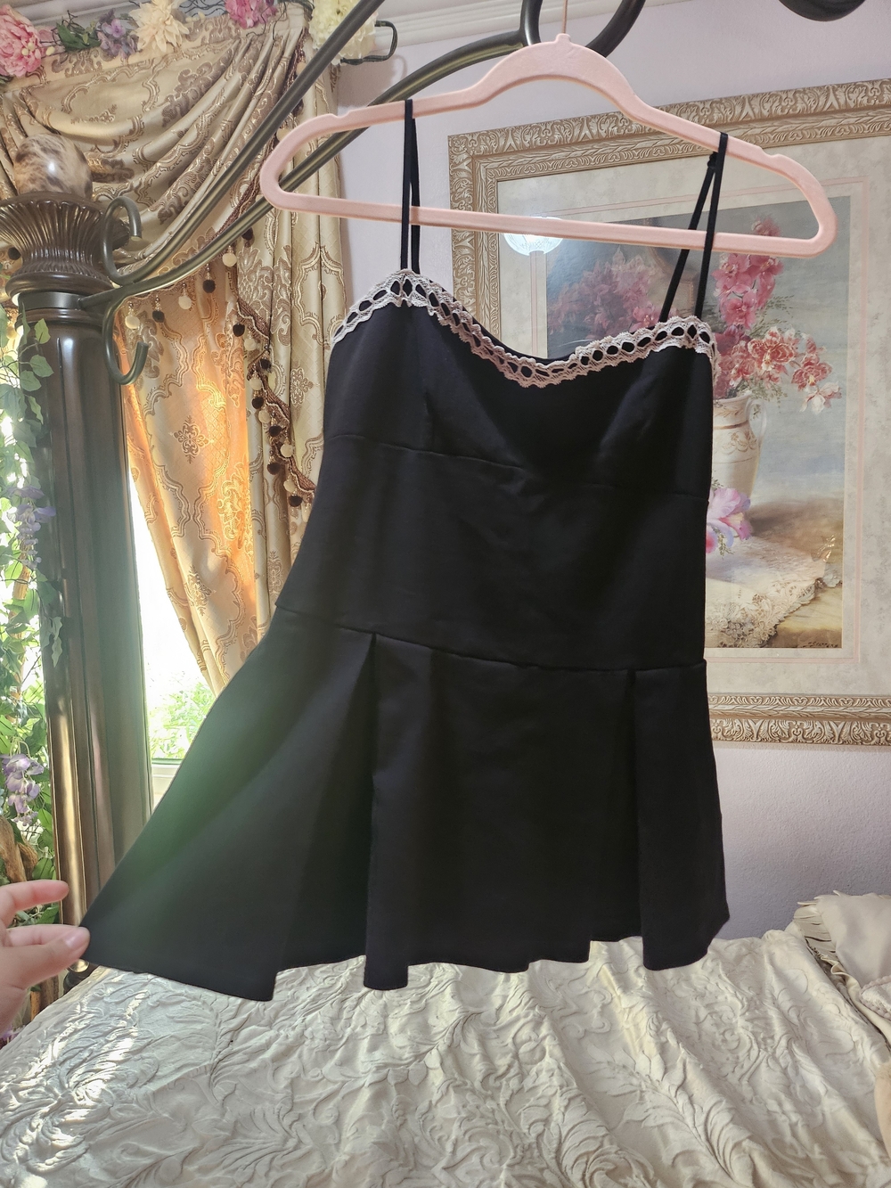 Coquette Windsor Black Lace-Trim Slip Chemise with Scalloped Neckline